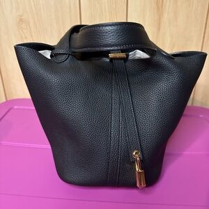 Black Mini Bucket Bag with Textured faux Leather and Drawstring